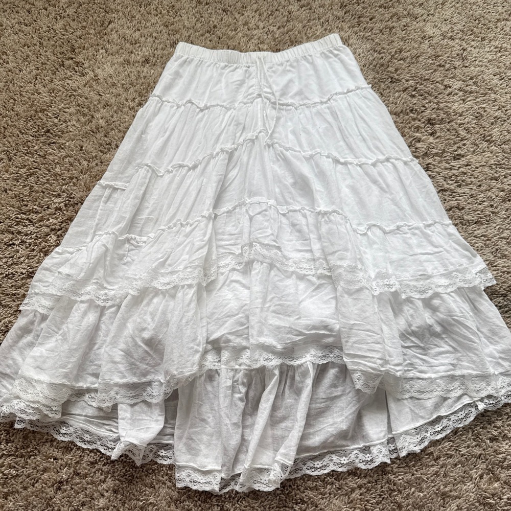 Y2K Lapis White Cotton Tiered Lace Trim High Low Maxi Skirt Boho Cottagecore